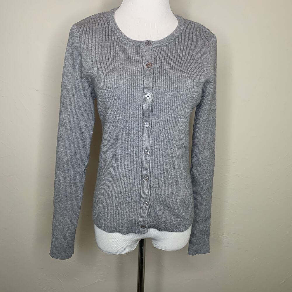 Gray Ribbed Fitted Cardigan Sz Small Medium Minimalism Preppy Classic